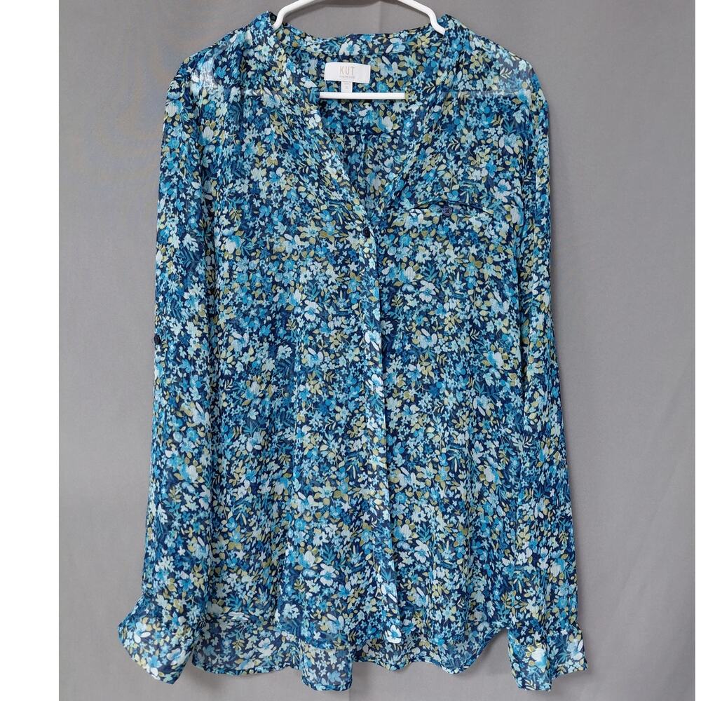 Kut from the Kloth Floral Roll Tab Sleeve Button Up Blouse Women Size XL - Picture 2 of 9